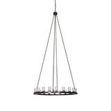 Unlit view of the chandelier showing clear glass cylinders and metal frame.