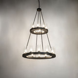 Loxley two-tier chandelier illuminated in interior space with warm ambient lighting.