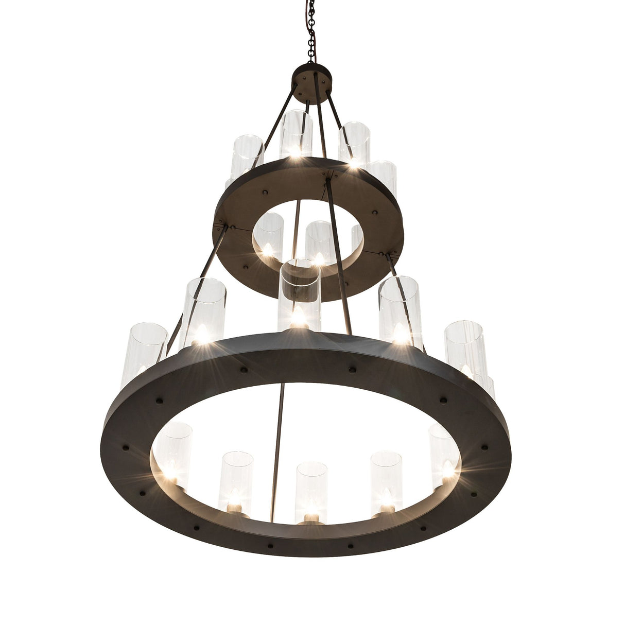 Angled view of Loxley two-tier chandelier showing circular rings and glass cylinders.