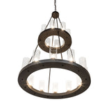 Angled view of Loxley two-tier chandelier showing circular rings and glass cylinders.