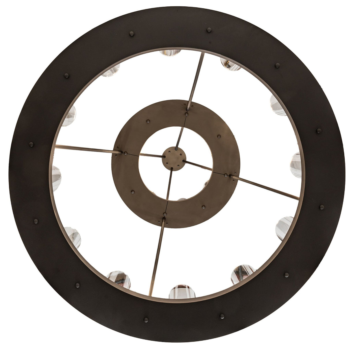 Bottom view of circular chandelier rings with evenly spaced glass cylinders.