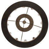 Bottom view of circular chandelier rings with evenly spaced glass cylinders.