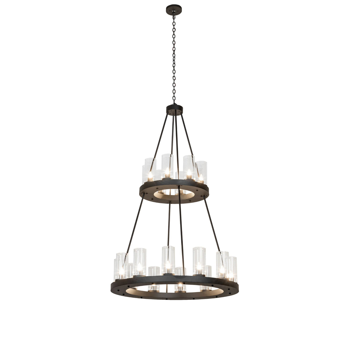 Full view of two-tier chandelier with clear glass cylinders and oil rubbed bronze finish.