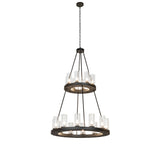 Full view of two-tier chandelier with clear glass cylinders and oil rubbed bronze finish.