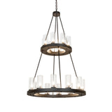 Loxley two-tier chandelier with illuminated clear glass cylinder lights.