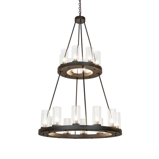 Loxley two-tier chandelier with illuminated clear glass cylinder lights.