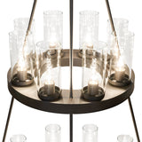 Close-up of glass cylinder lights mounted on bronze chandelier ring.