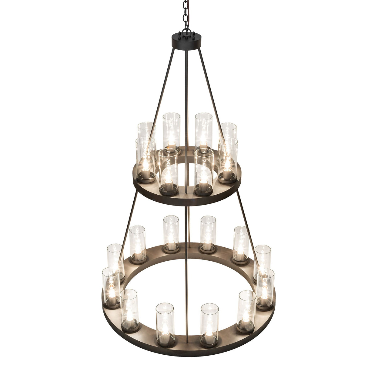 Top view of chandelier showing upper ring, suspension rods, and center support.
