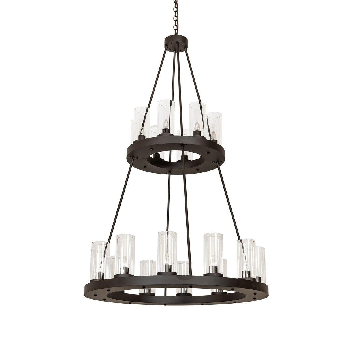 Unlit view of two-tier chandelier with clear glass cylinders and oil rubbed bronze finish.