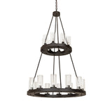 Unlit view of two-tier chandelier with clear glass cylinders and oil rubbed bronze finish.