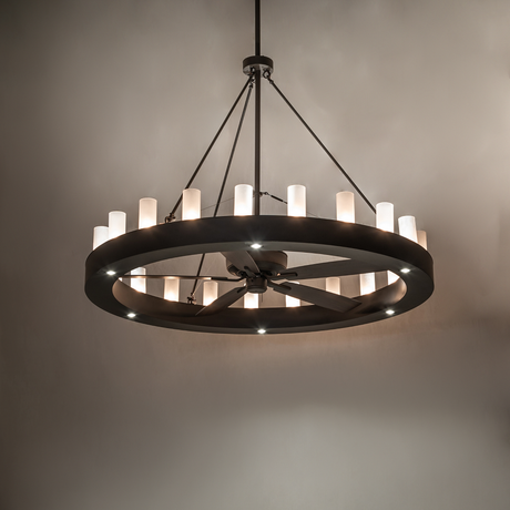 Loxley 21 Light Chandel-Air chandelier fan glowing warmly in ambient room lighting.