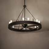 Ambient room view of Loxley 21 Light chandelier fan in low dimmed lighting.