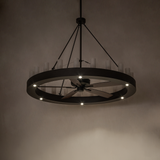 Unlit ambient view of Loxley 21 Light chandelier fan showing its sleek circular frame.