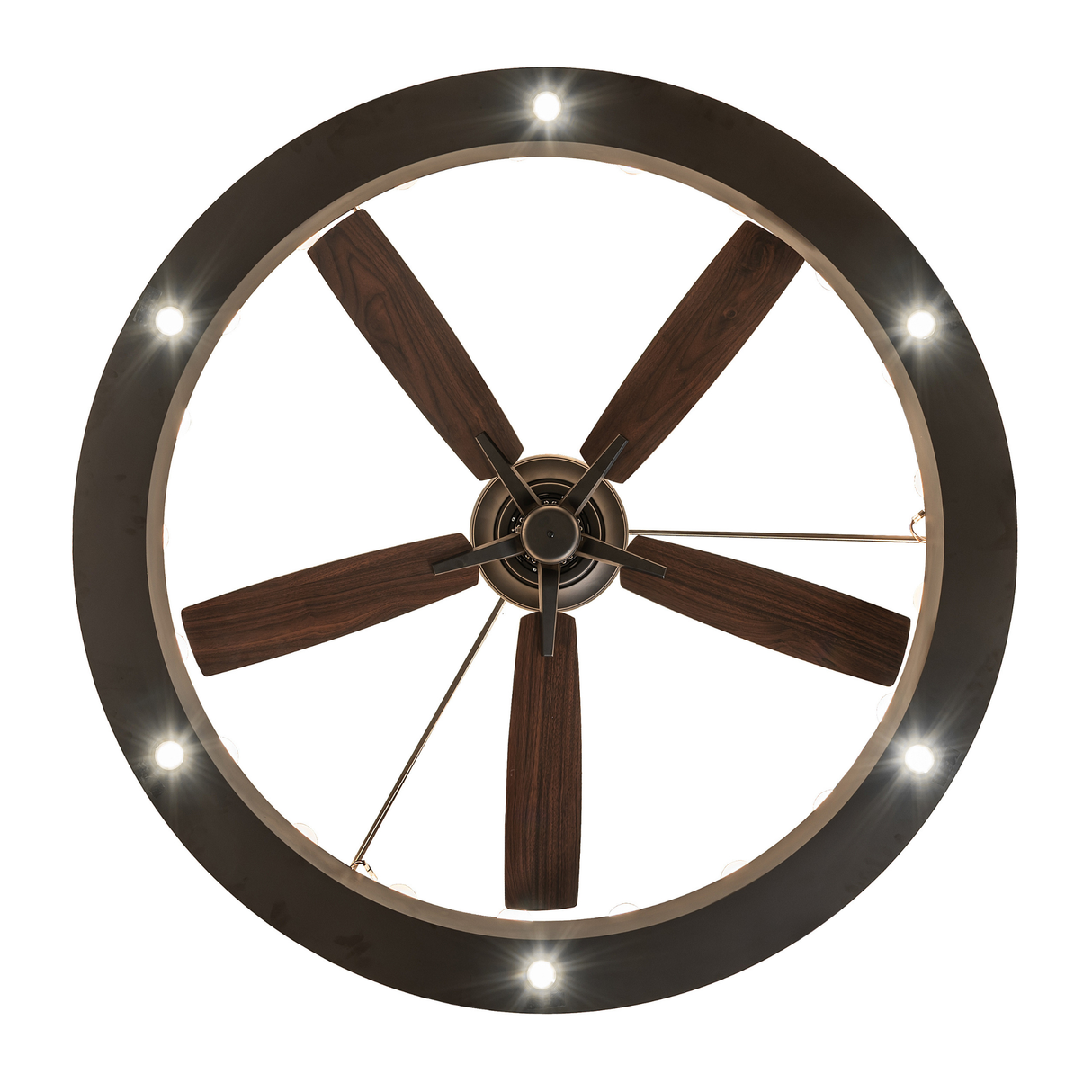 Bottom view of illuminated Loxley chandelier fan showing six-blade fan structure.