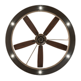 Bottom view of illuminated Loxley chandelier fan showing six-blade fan structure.