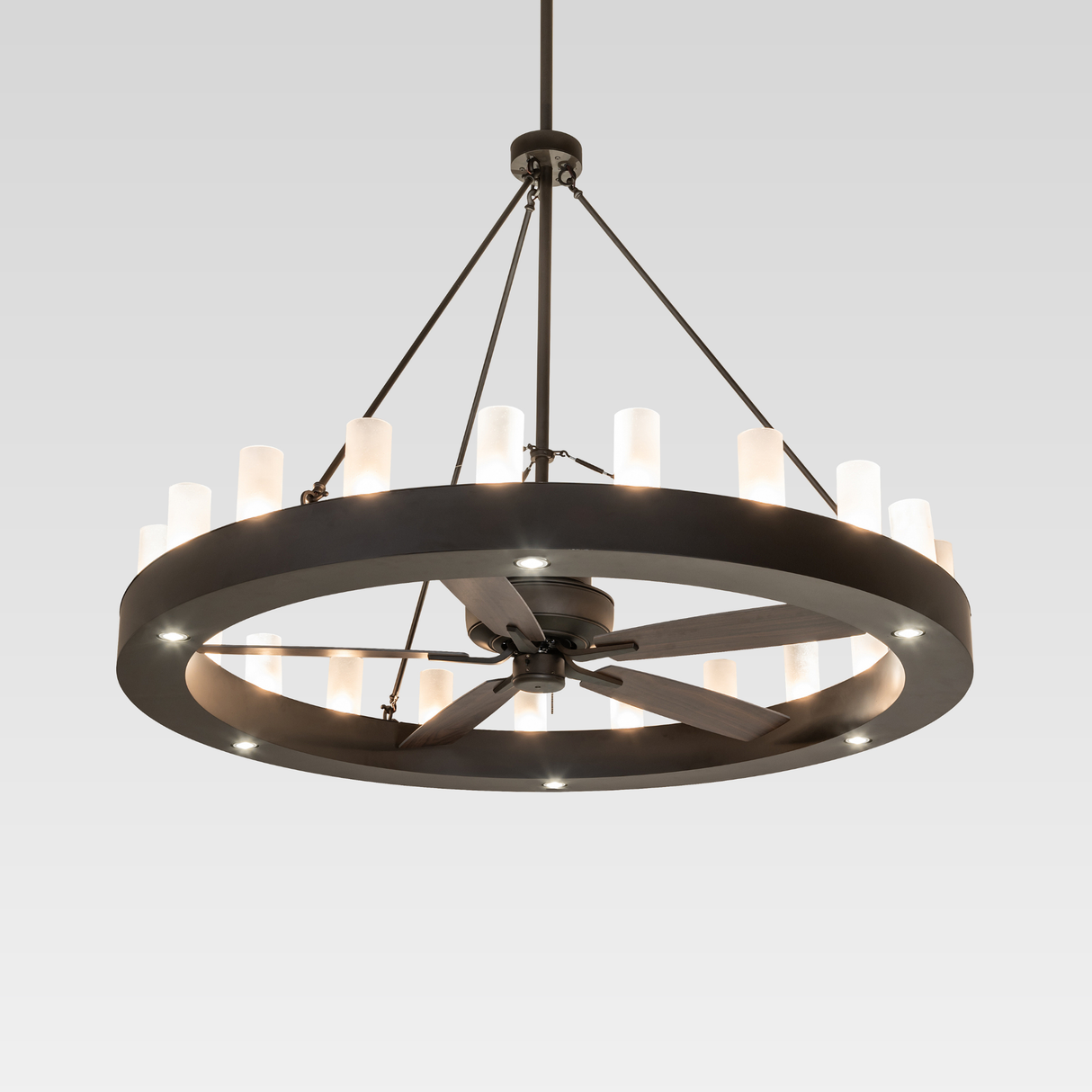 Front view of illuminated 64-inch Loxley 21 Light Chandel-Air chandelier fan.