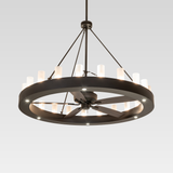 Front view of illuminated 64-inch Loxley 21 Light Chandel-Air chandelier fan.