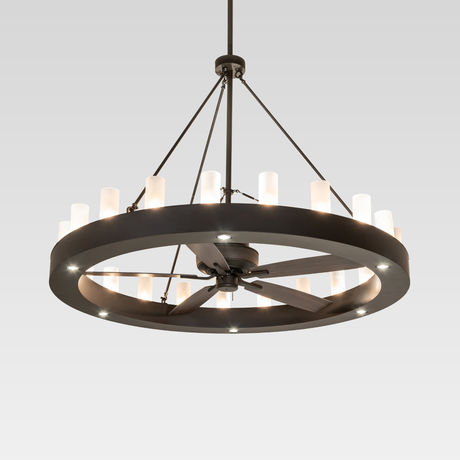 Front view of illuminated 64-inch Loxley 21 Light Chandel-Air chandelier fan.
