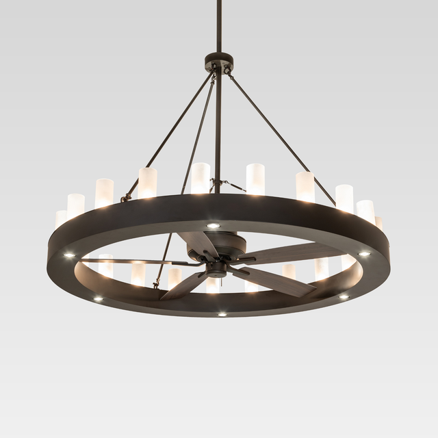 Front view of illuminated 64-inch Loxley 21 Light Chandel-Air chandelier fan.