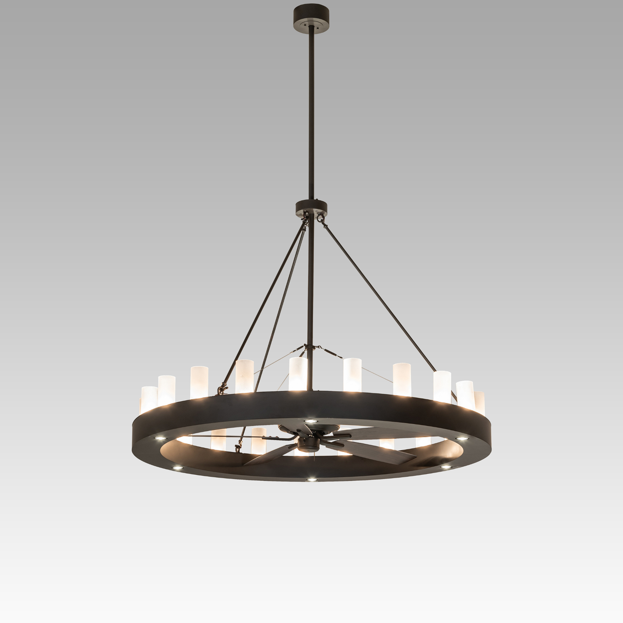 Full front view of illuminated Loxley 21 Light chandelier fan with extended downrod.