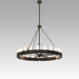 Full front view of illuminated Loxley 21 Light chandelier fan with extended downrod.