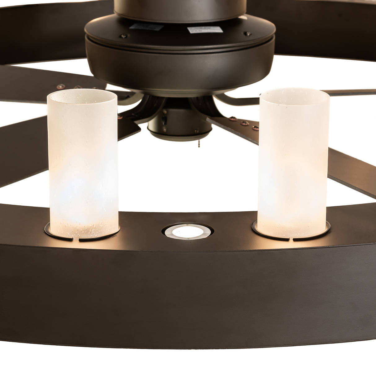 Detailed view of frosted seeded glass cylinder shades on Loxley 21 Light chandelier fan.