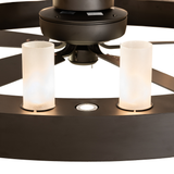 Detailed view of frosted seeded glass cylinder shades on Loxley 21 Light chandelier fan.