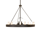 Side view of lit Loxley 21 Light Chandel-Air highlighting balanced ring design.