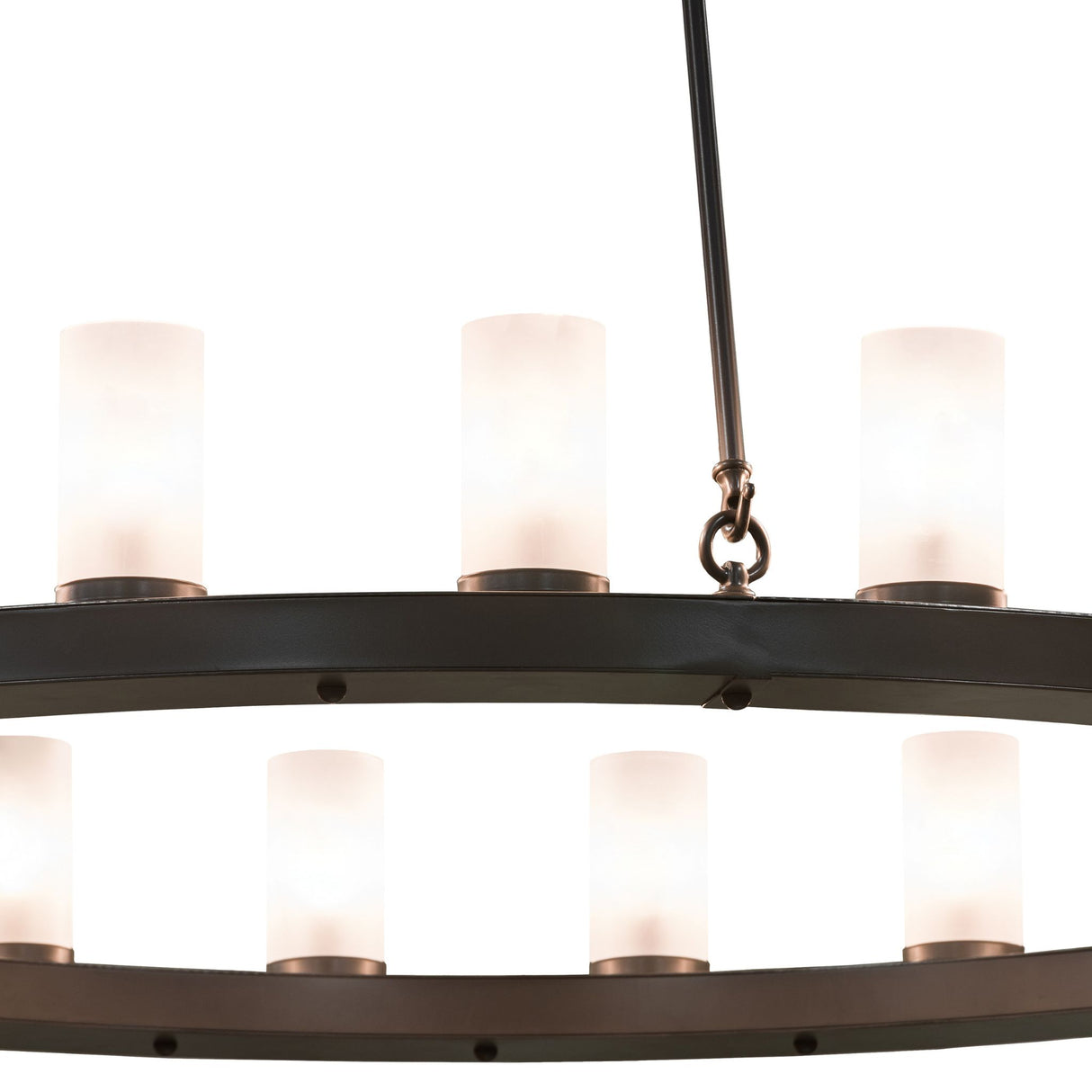 Closeup of the circular steel ring, frosted glass cylinders, and suspension rod connection.