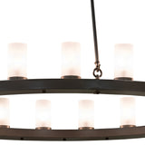 Closeup of the circular steel ring, frosted glass cylinders, and suspension rod connection.