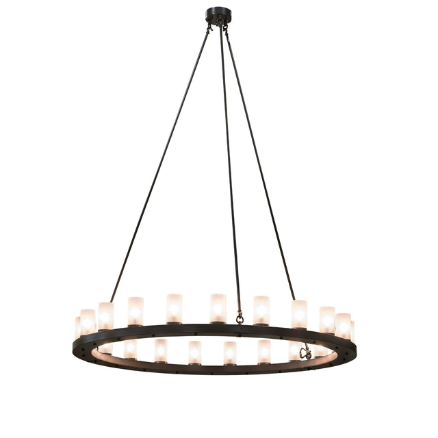 Lit view, featuring satin clear glass luminaries arranged on a circular metal frame.