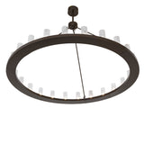 Angled view of Loxley 24-light chandelier highlighting circular frame and suspension rods.