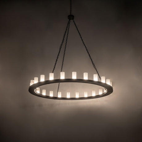 Loxley 24 light chandelier glowing in ambient room setting with frosted glass cylinders.