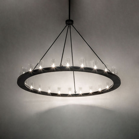 Loxley 24-light ring chandelier shown illuminated in ambient room lighting with soft glow.