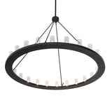 Bottom angle view of chandelier emphasizing circular form and interior light arrangement.