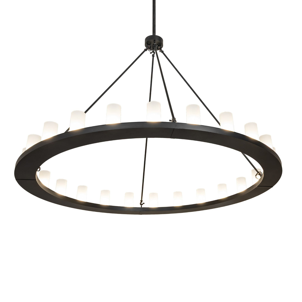 Bottom angle view of chandelier showing inner ring lighting and frosted glass.
