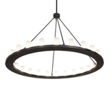 Bottom angle view of chandelier showing inner ring lighting and frosted glass.