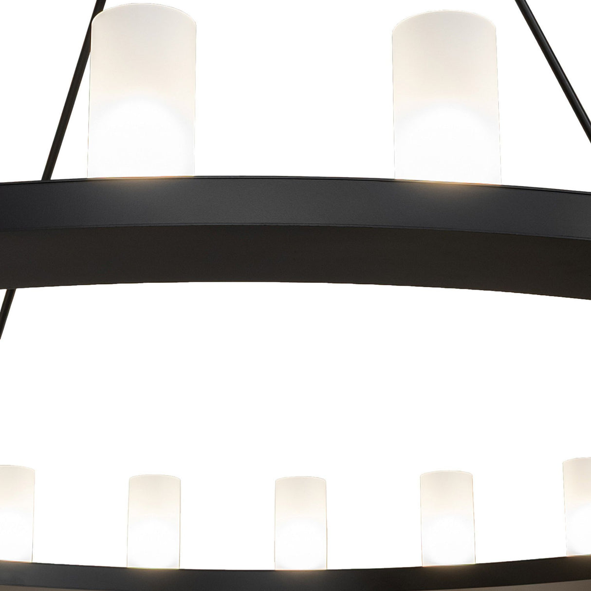 Closeup of bottom angle view of chandelier showing evenly spaced glass cylinder lights.