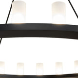 Closeup of bottom angle view of chandelier showing evenly spaced glass cylinder lights.
