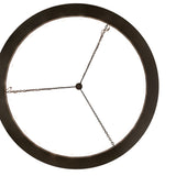 Bottom view of chandelier showing circular bronze frame with frosted glass cylinder lights.