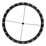 Bottom view of chandelier showing circular layout with exposed Edison bulbs and suspended rods.