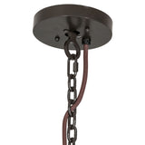 Close up of chandelier canopy and chain hardware in timeless bronze finish.