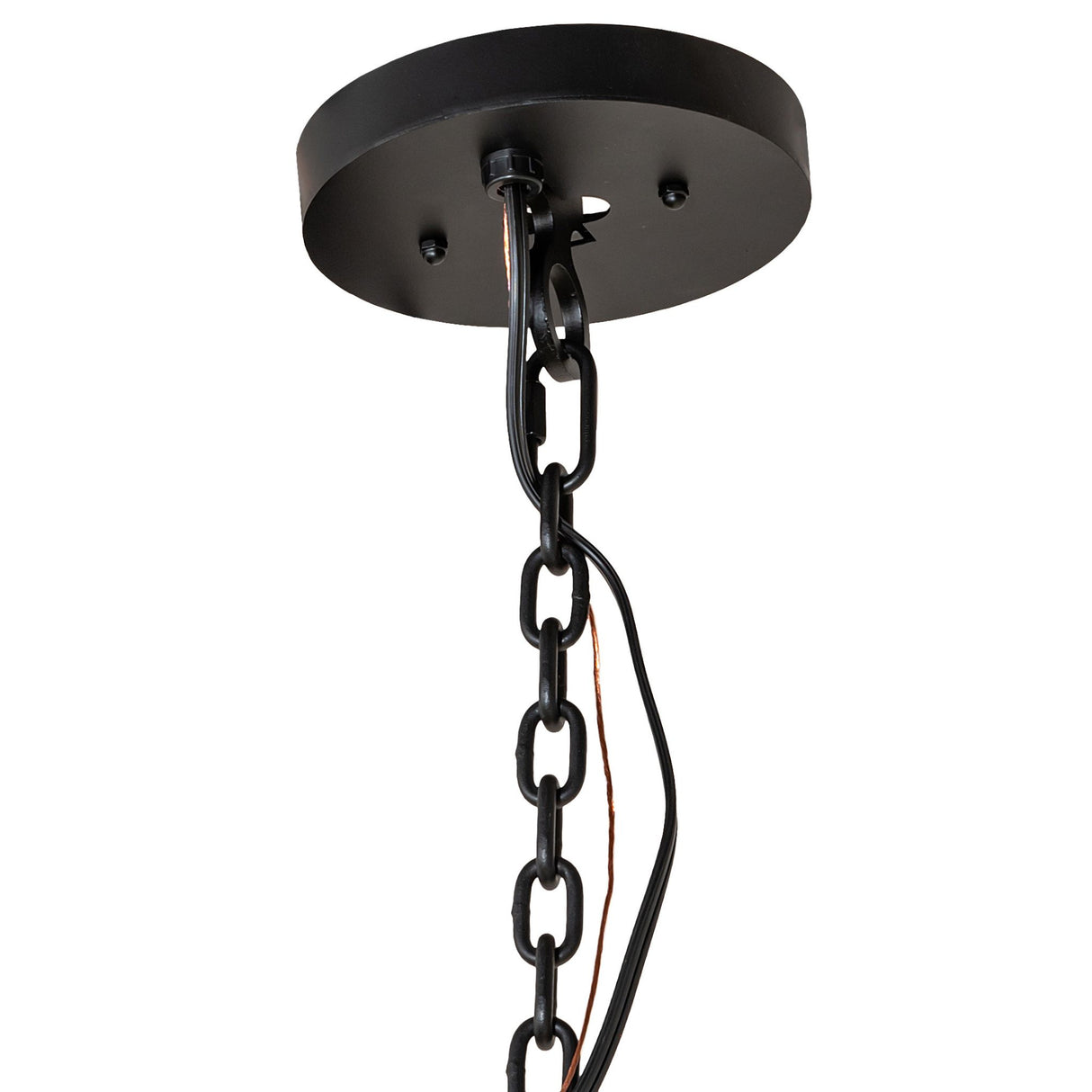 Ceiling canopy and adjustable chain detail of Loxley 24-light chandelier.
