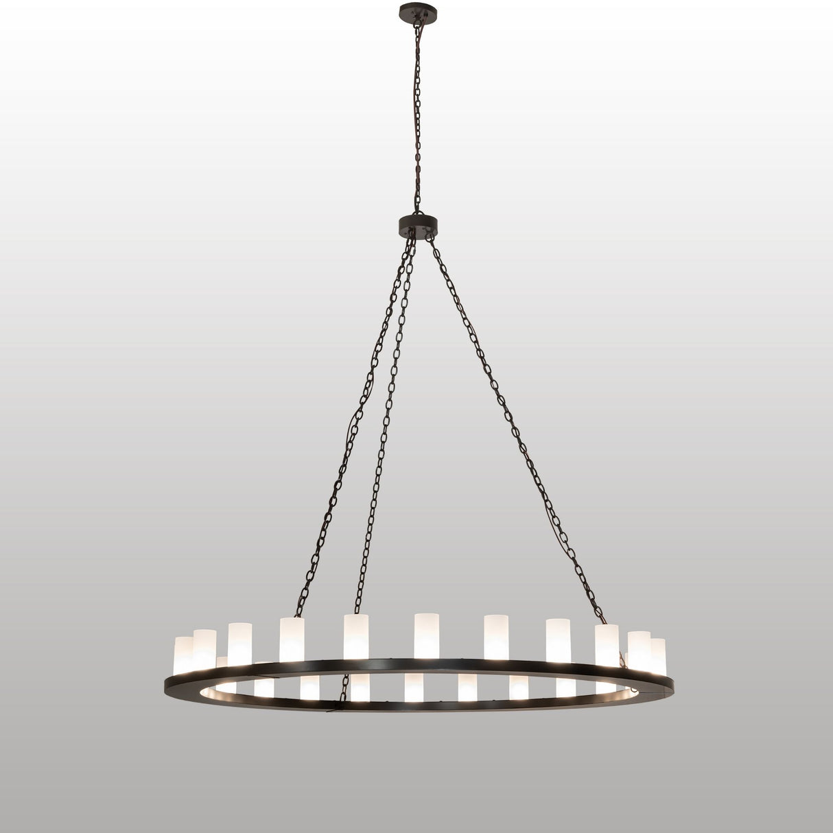 Full view of 24-light chandelier with frosted glass cylinders and bronze ring.