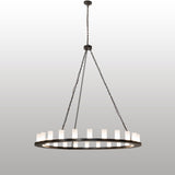Full view of 24-light chandelier with frosted glass cylinders and bronze ring.
