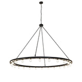 Full view of the chandelier featuring a circular ring with exposed Edison bulbs and suspended rods.