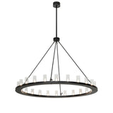 Full view of chandelier with circular frame and clear glass cylinder lights.