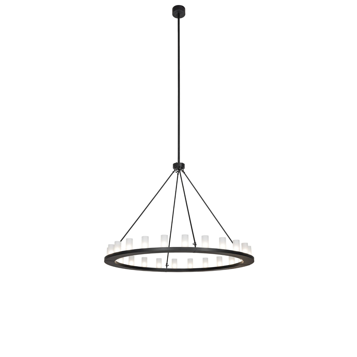 Full view of chandelier with frosted glass cylinders and solar black finish.