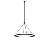 Full view of chandelier with frosted glass cylinders and solar black finish.