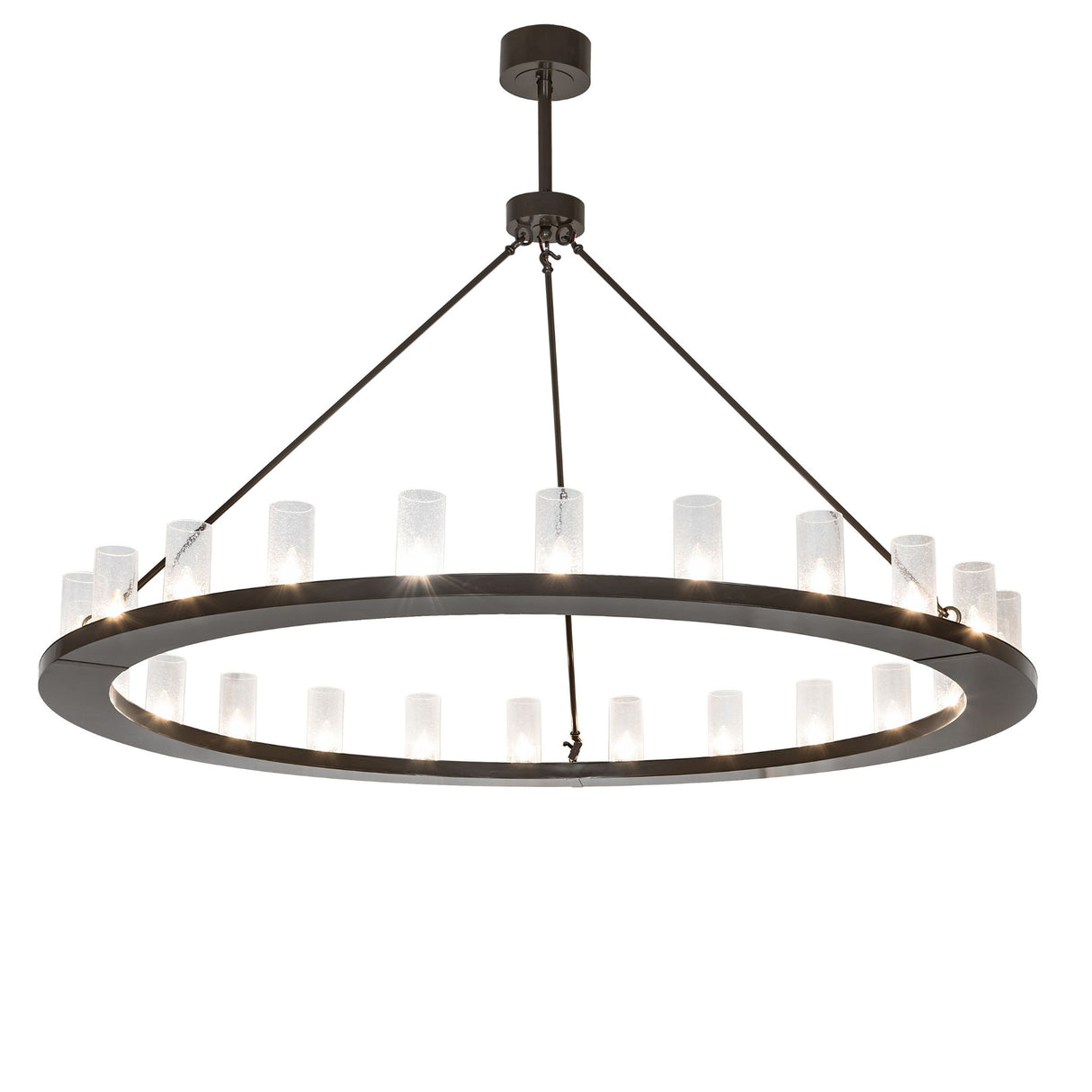 Loxley 24-light circular chandelier lit, featuring seeded glass cylinders and timeless bronze ring frame.